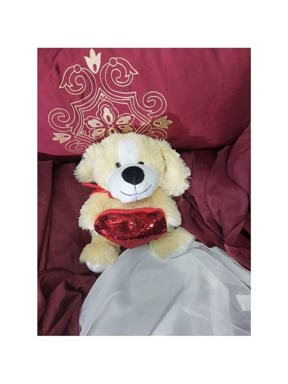 Puppy Plush and Sequin Heart Pillow